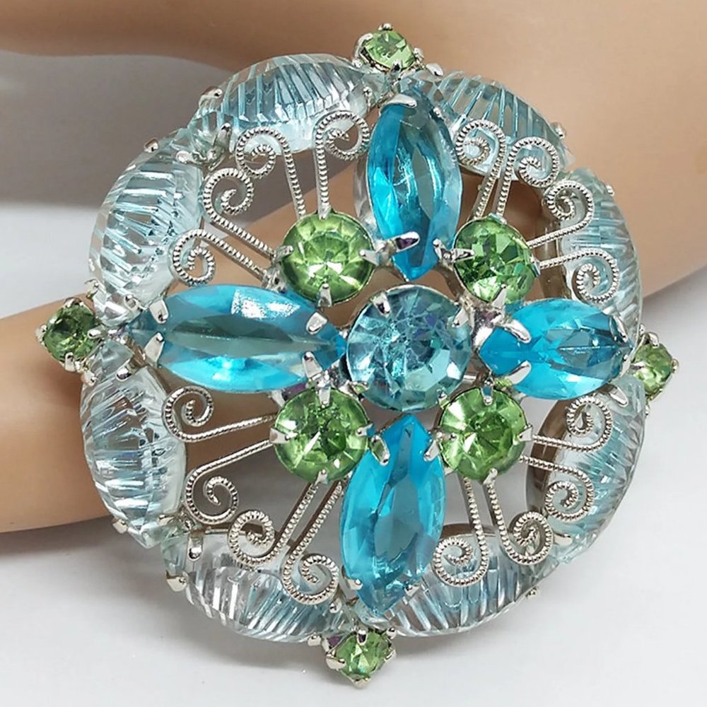 Vintage Juliana Rhinestone Brooch, Aqua, Carved Glass, 1960s Jewelry, D & E